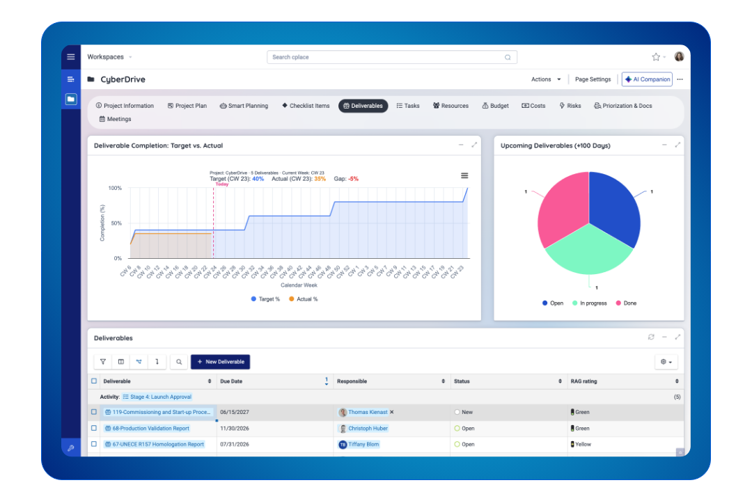 cplace extensible and customizable PPM software interface showing configurable dashboards and portfolio views.